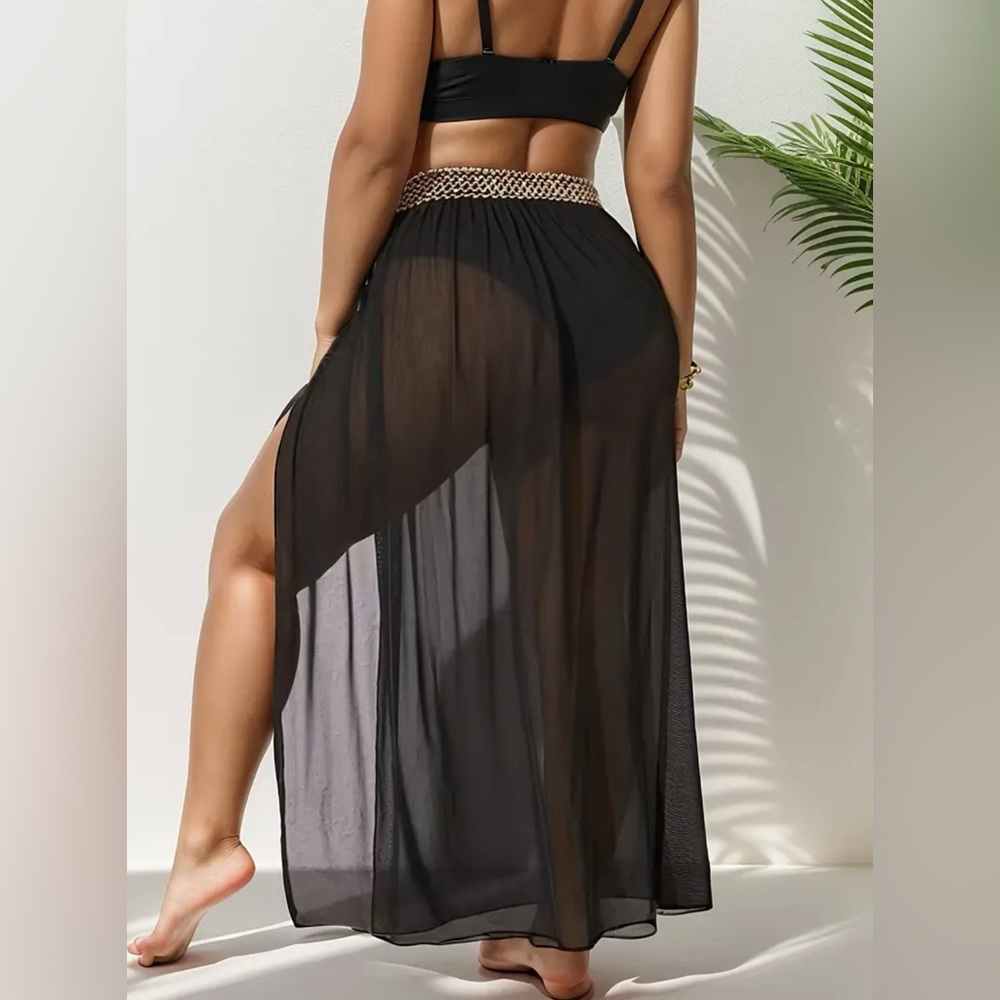 NEW| Plus Size Semi-Sheer Split Cover Up Skirt With High Cut Brief 2 Piece Set - Picture 2 of 6